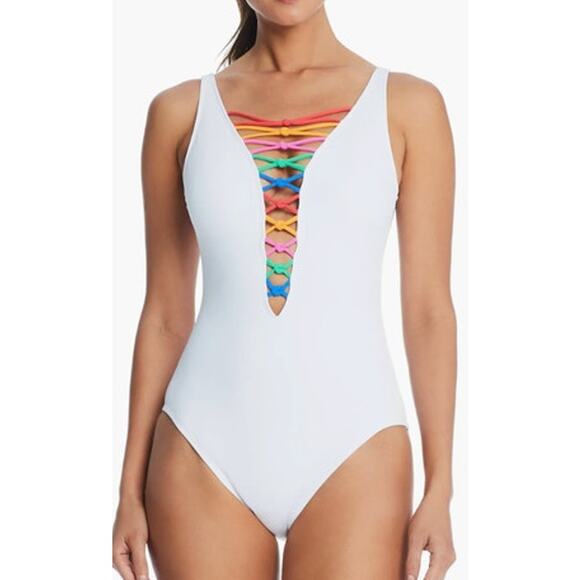 Bleu Rod Beattie One Piece Swimsuit Sz 10 Let's Get Knotty Laced White Rainbow - Picture 1 of 9
